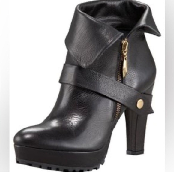 Diane Von Furstenberg Leather Black Heeled Booties Size 7 Moto - Picture 2 of 10